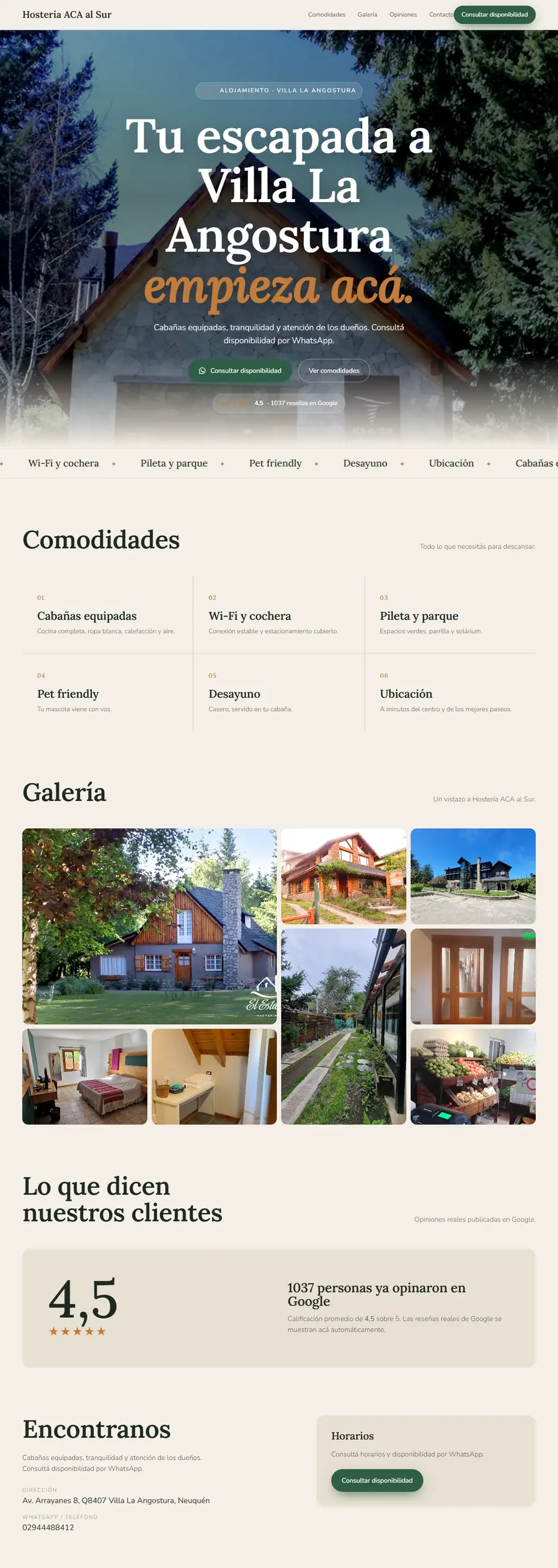 Muestra de web para Hostería ACA al Sur